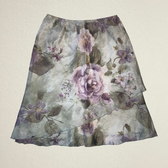 Green purple floral asymmetrical hem tiered skirt fairycore bohemian castlecore - Picture 1 of 8